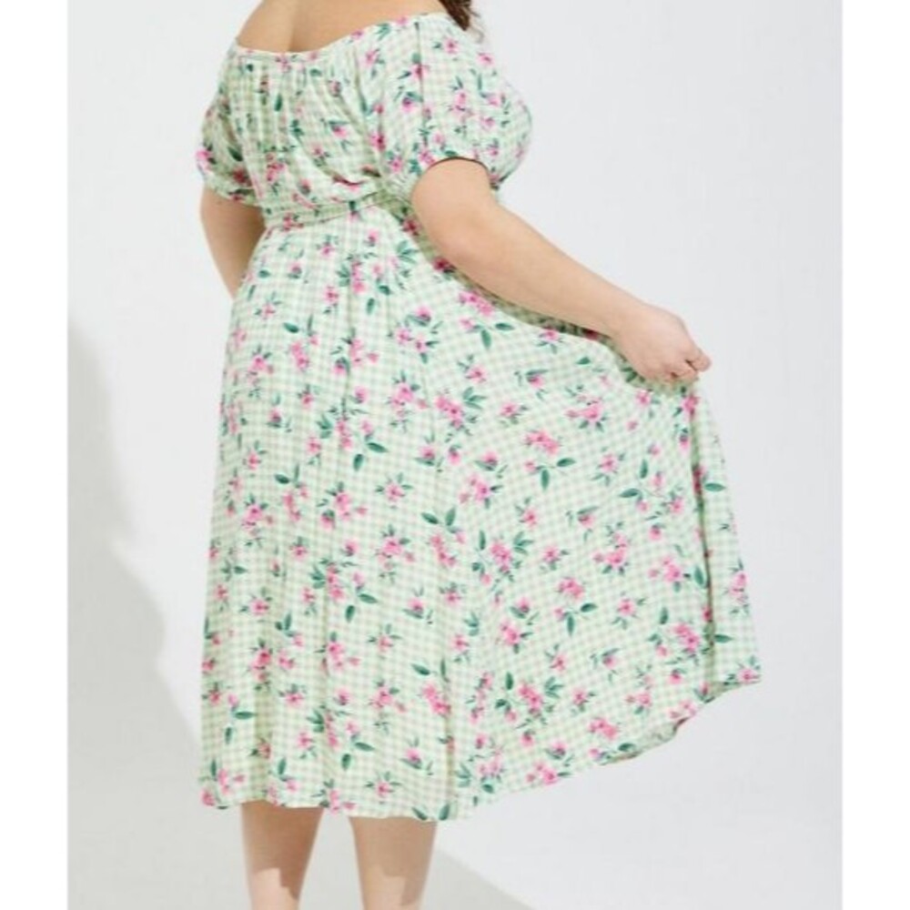 Torrid Floral Gingham Green Pink Off Shoulder Midi Skater Dress Plus 3X